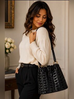 Y&S Black Woven Faux Leather Shoulder Bag Braided Strap Slouchy Hobo